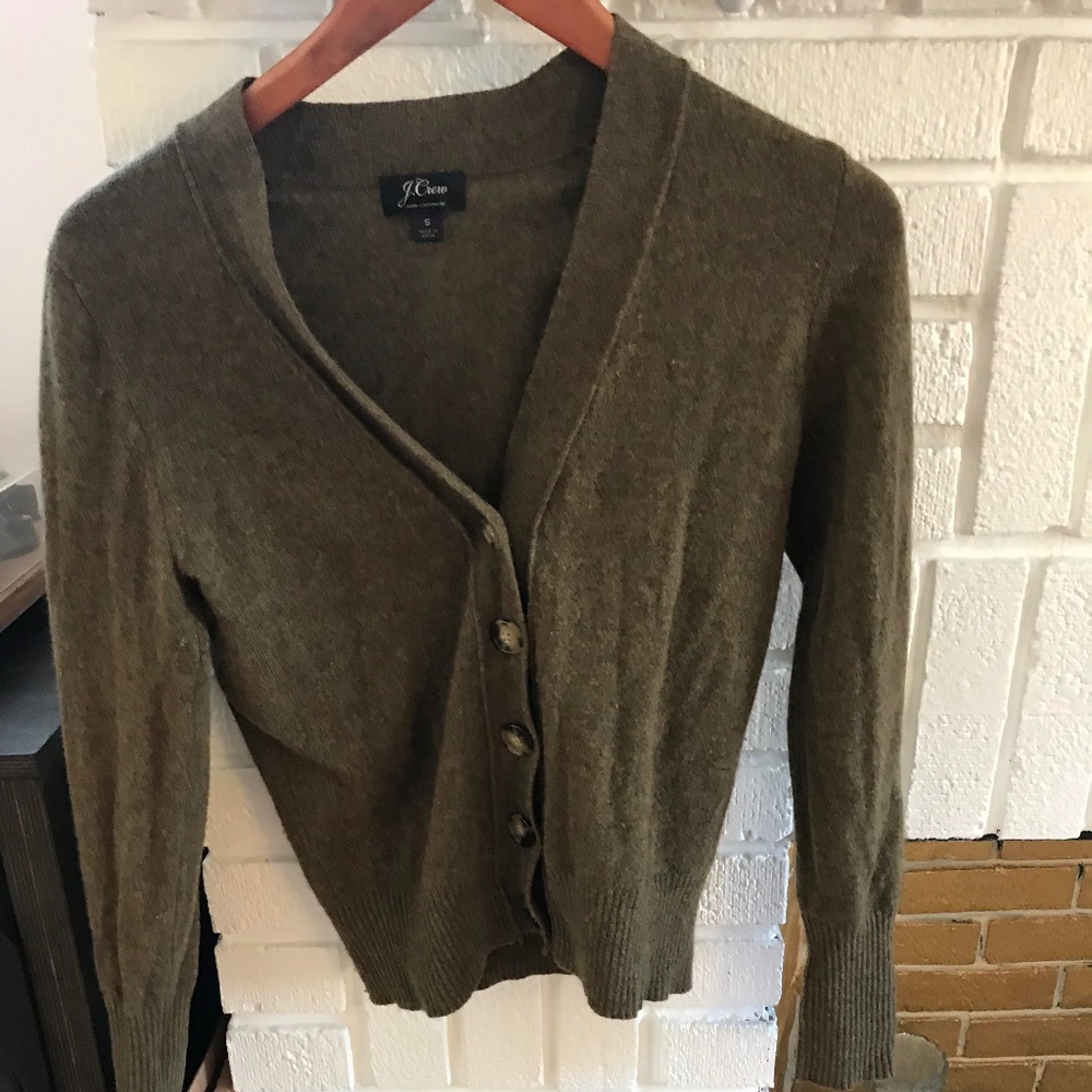 JCrew cashmere library cardigan, olive, small